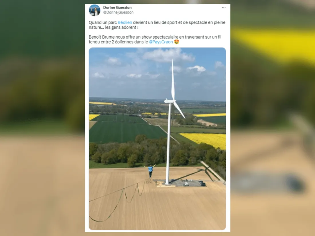 Mayenne : il traverse deux éoliennes sur une sangle à 100 mètres du sol