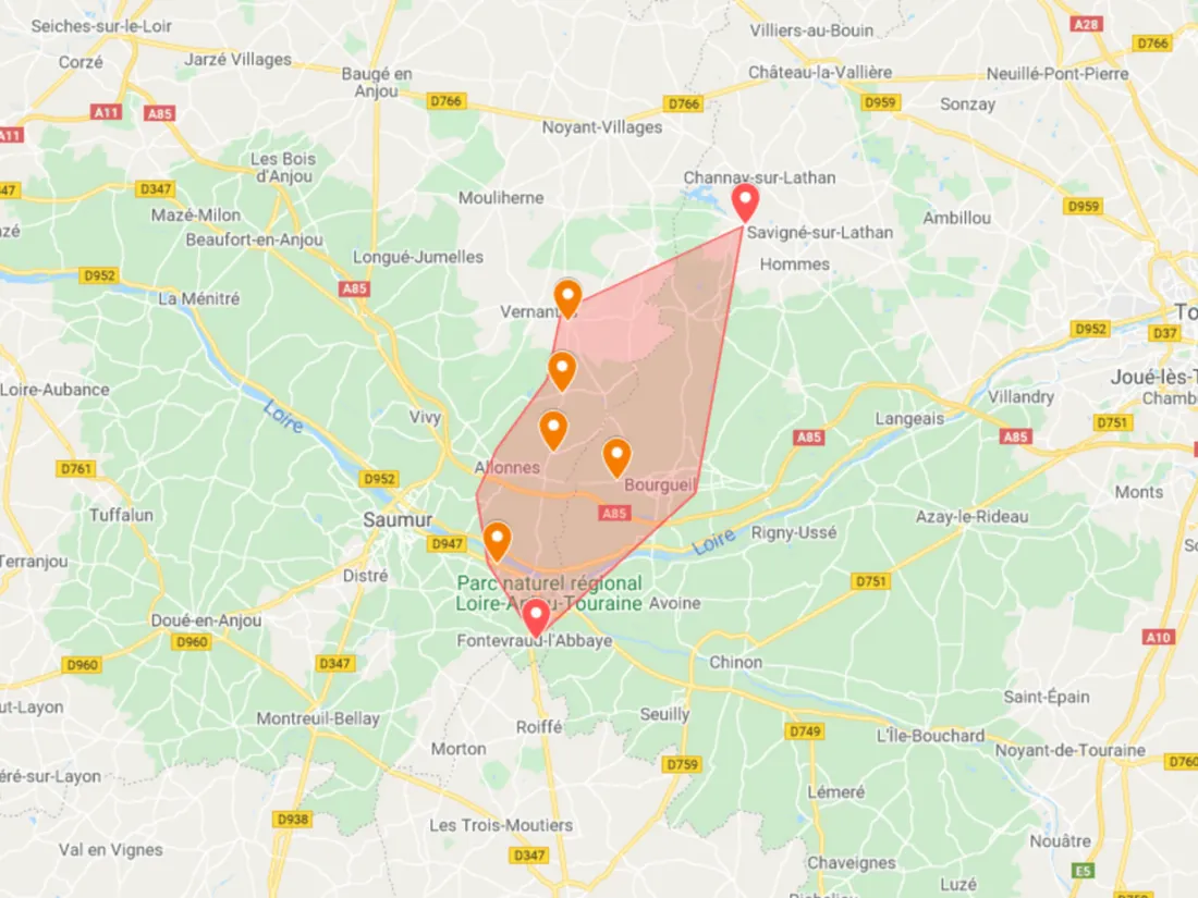 Carte Zone des incendies dans le Saumurois