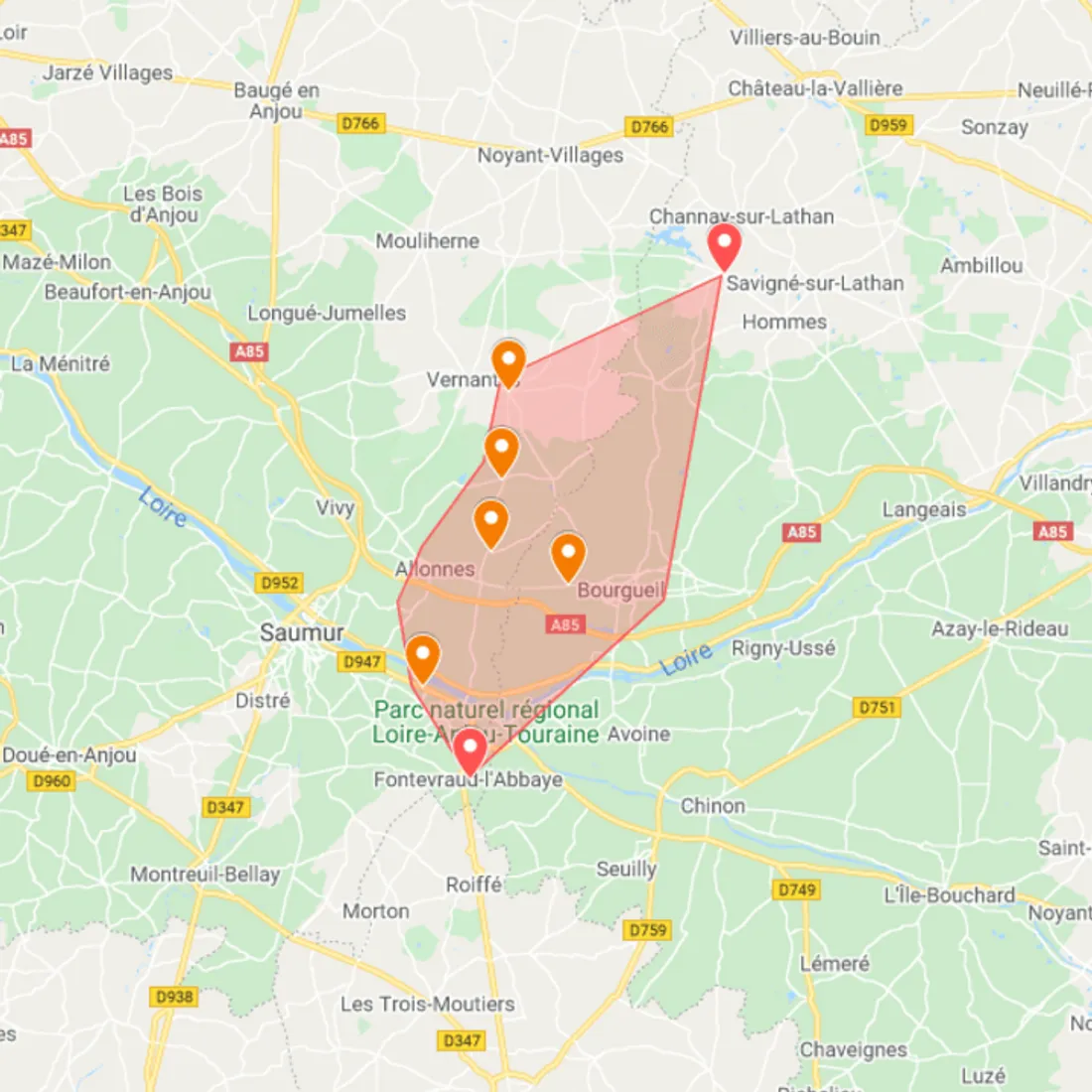 Carte Zone des incendies dans le Saumurois