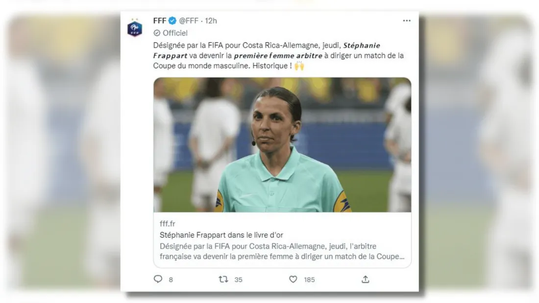 Stéphanie Frappart première femme à arbitrer un match de Coupe du Monde