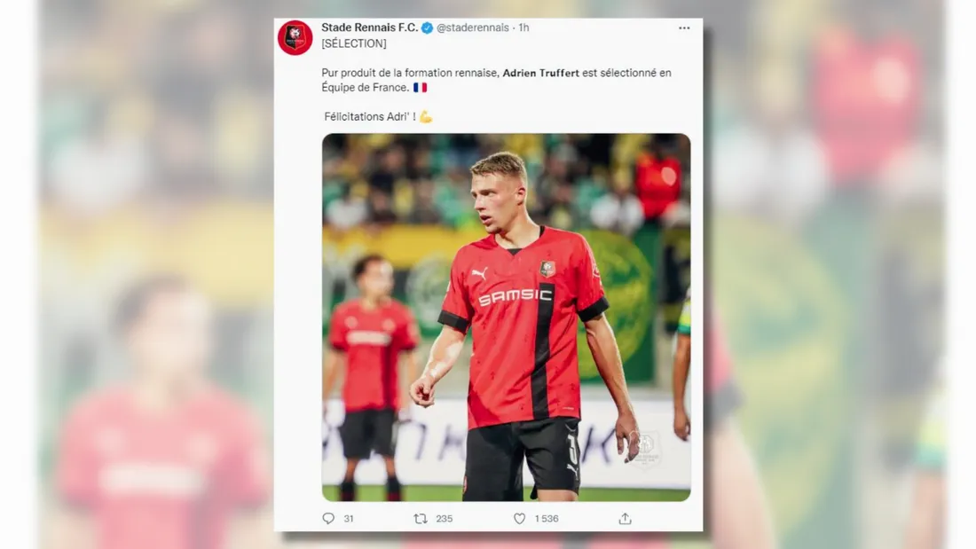 Le Stade Rennais a félicité son défenseur Adrien Truffert.