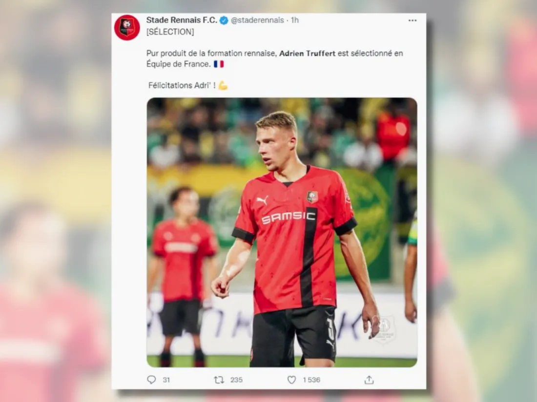Le Stade Rennais a félicité son défenseur Adrien Truffert.
