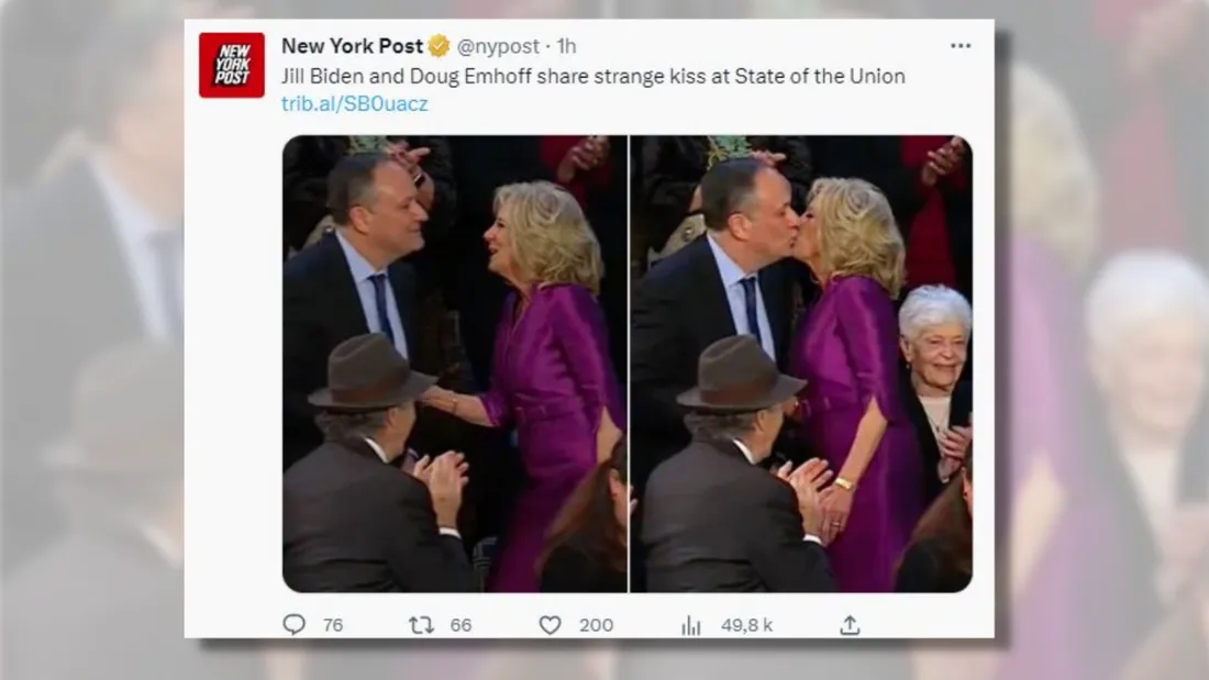 La Première dame Jill Biden a salué le mari de la vice-présidente avec un baiser au coin des lèvres.