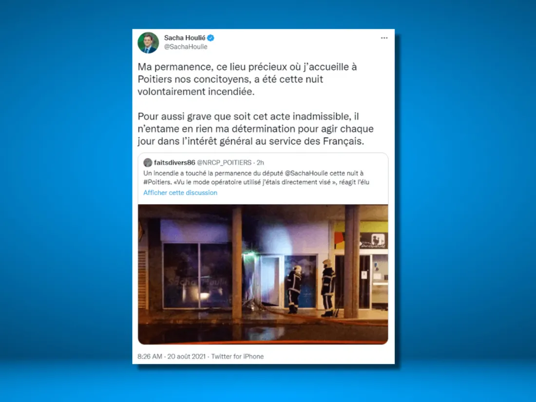 La permanence de Sacha Houlié incendiée à Poitiers
