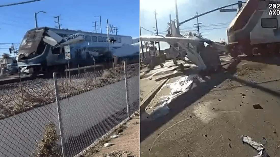 Un avion atterrit en sur un passage à niveau avant d'être percuté par un train