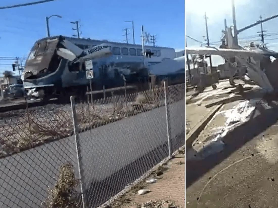 Un avion atterrit en sur un passage à niveau avant d'être percuté par un train