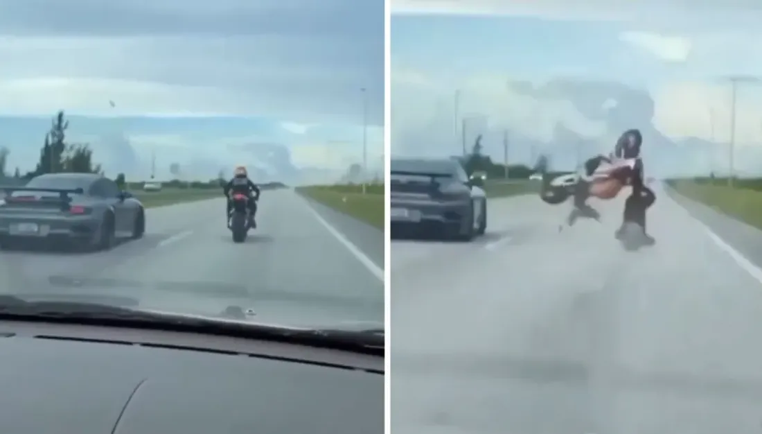 Lors d'une course entre moto et voiture, le motocycliste fait une chute impressionnante 