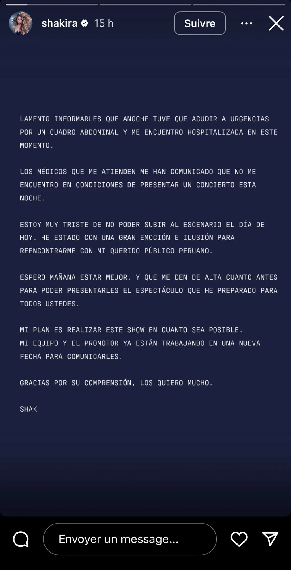 Shakira contrainte d'annuler son concert au Pérou suite à une hospitalisation
