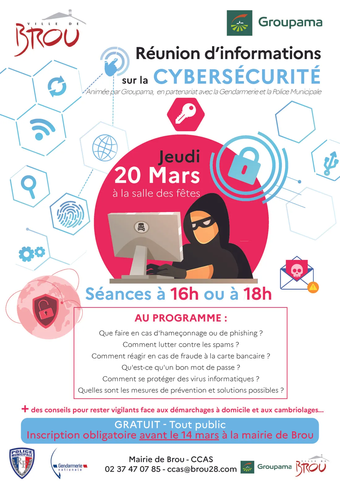 Affiche de la réunion d'informations sur la cybersécurité à brou,  le jeudi 20 mars 2025