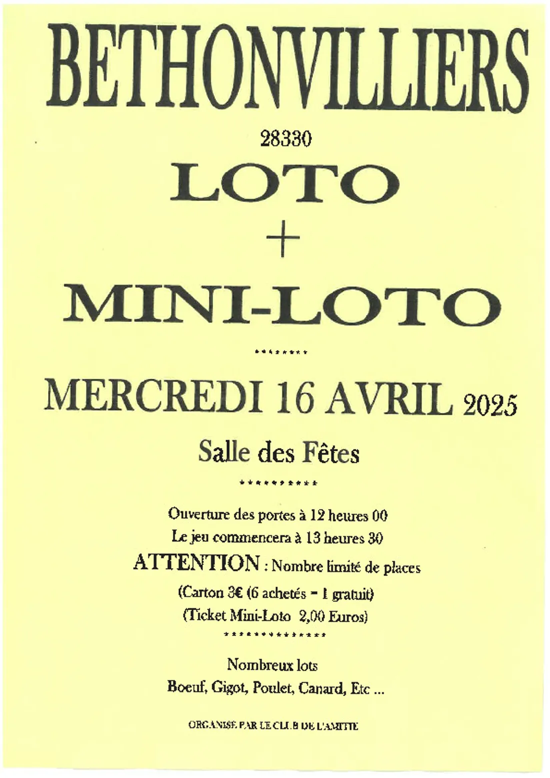 BÉTHONVILLIERS - Loto du club de l'amitié