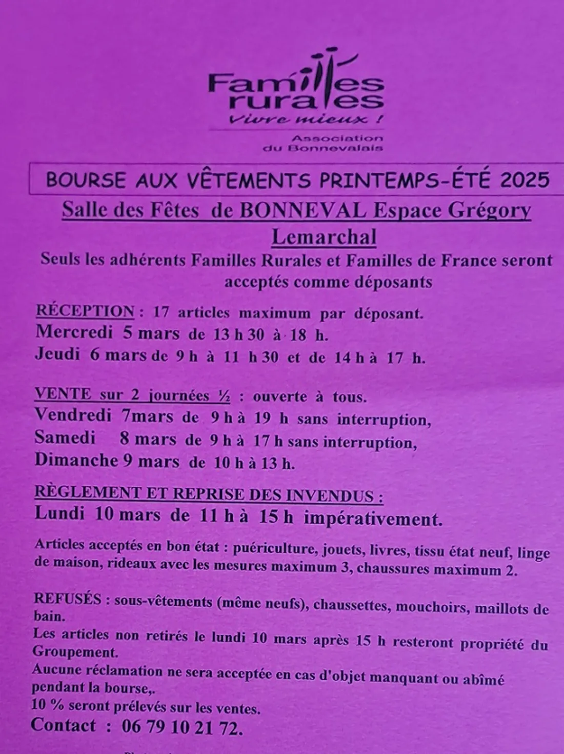 BONNEVAL - Bourse aux vêtements des Familles Rurales 