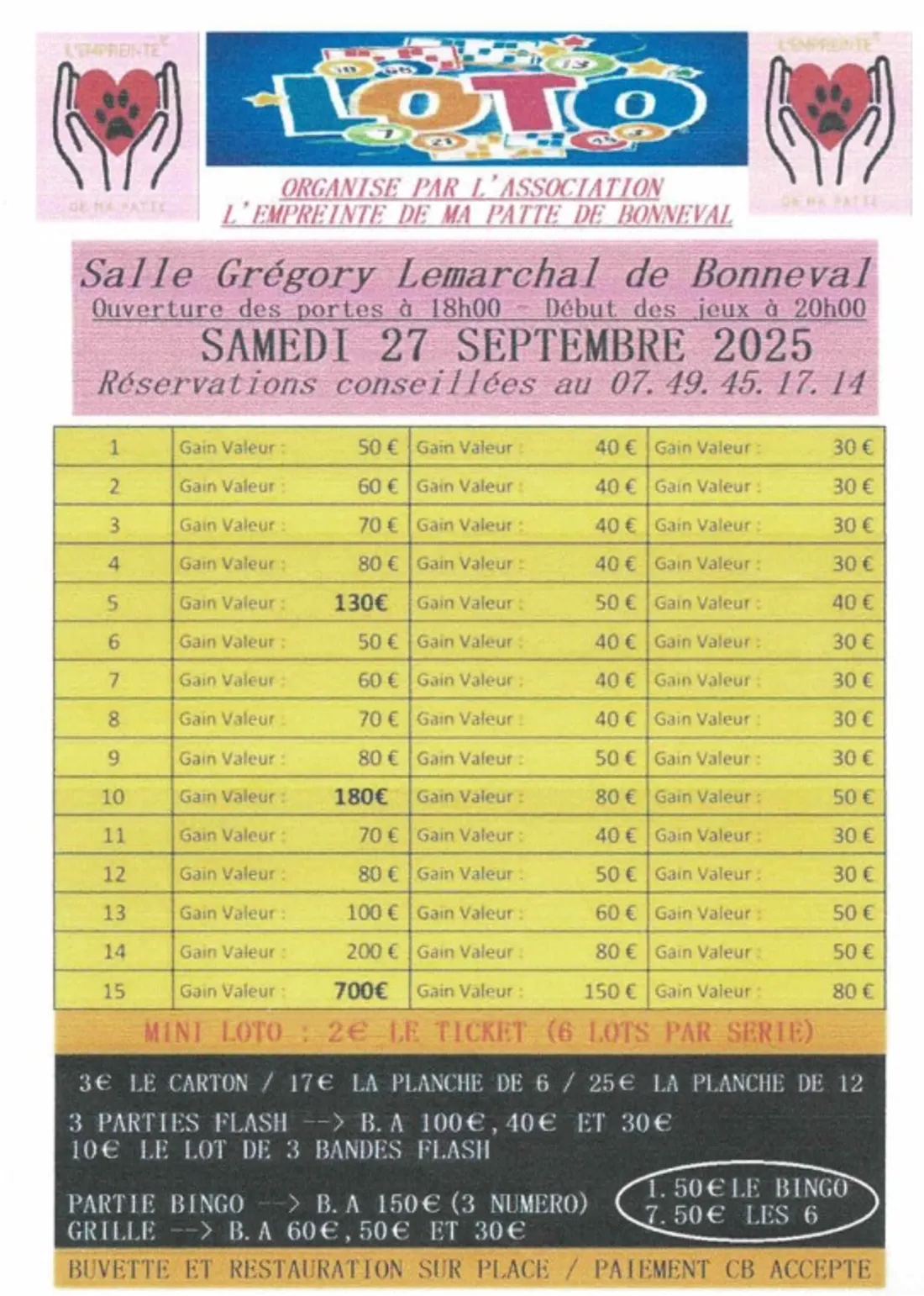 BONNEVAL - Loto de l'association L'Empreinte de ma Patte