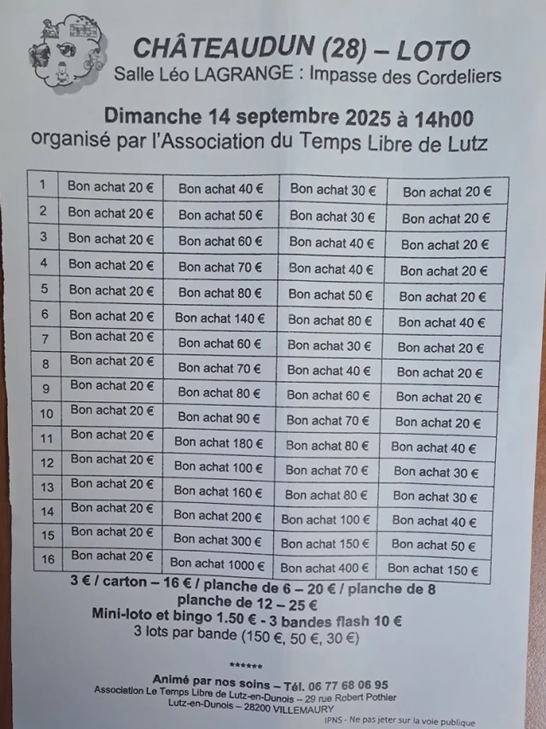 CHÂTEAUDUN - Loto de l'association du Temps Libre de Lutz