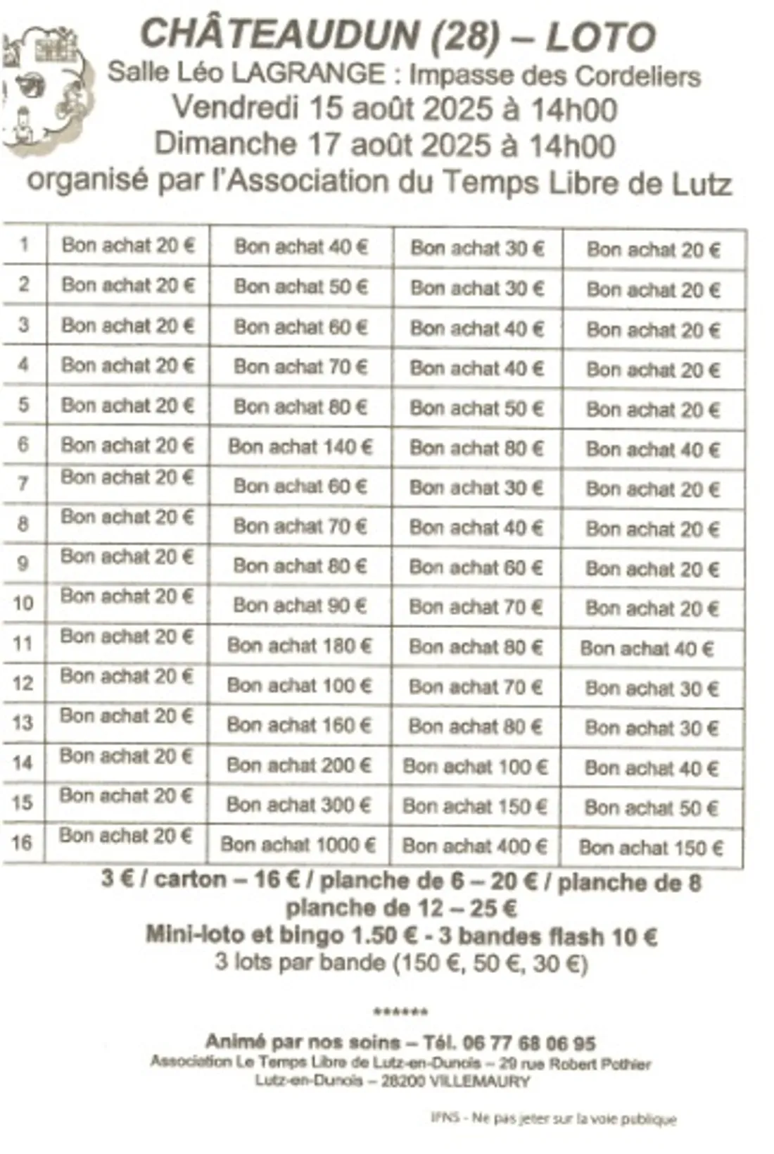 CHÂTEAUDUN - Loto de l'Association du Temps Libre de Lutz