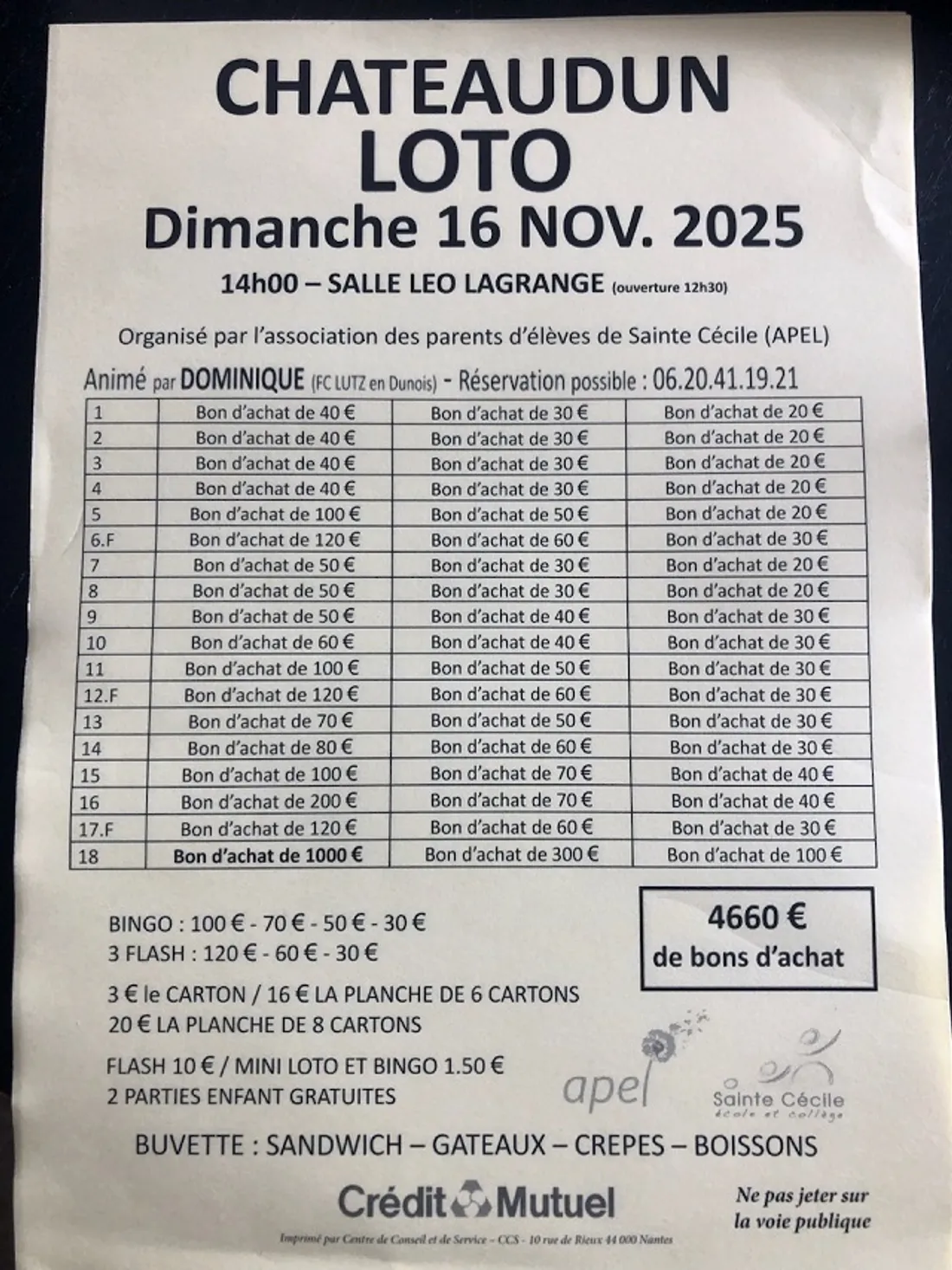 CHÂTEAUDUN - Loto de l'APEL Sainte-Cécile