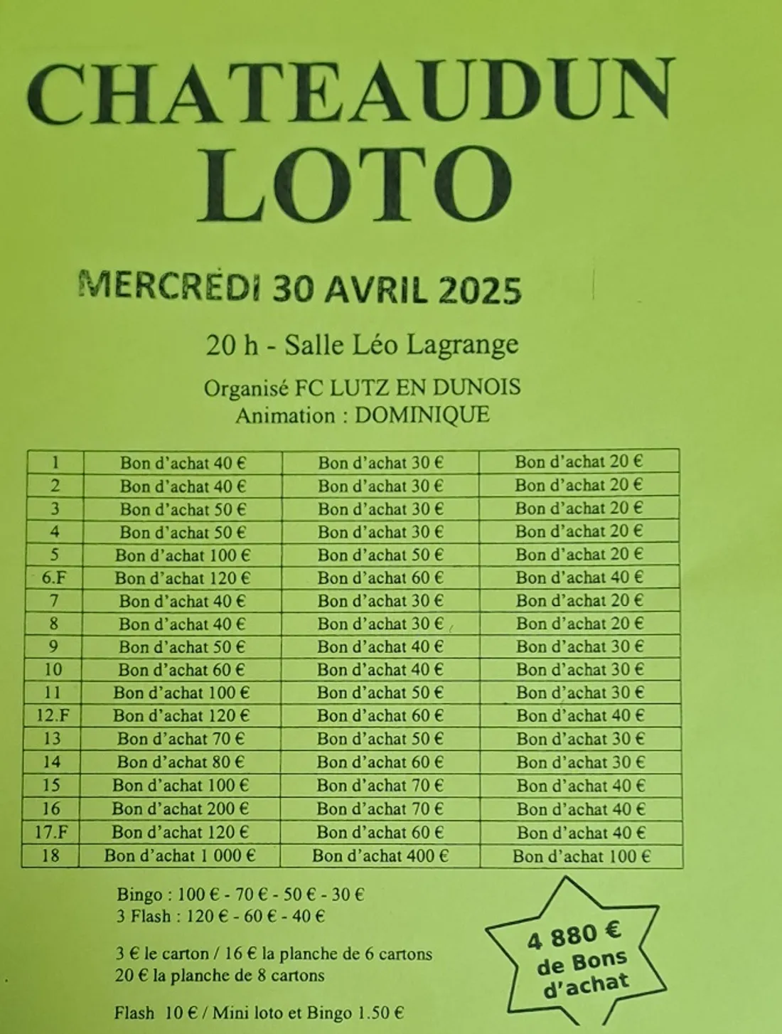 CHÂTEAUDUN - Loto du FC Lutz-en-Dunois