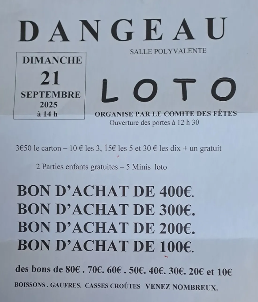 DANGEAU – Loto organisé par le Comité des Fêtes