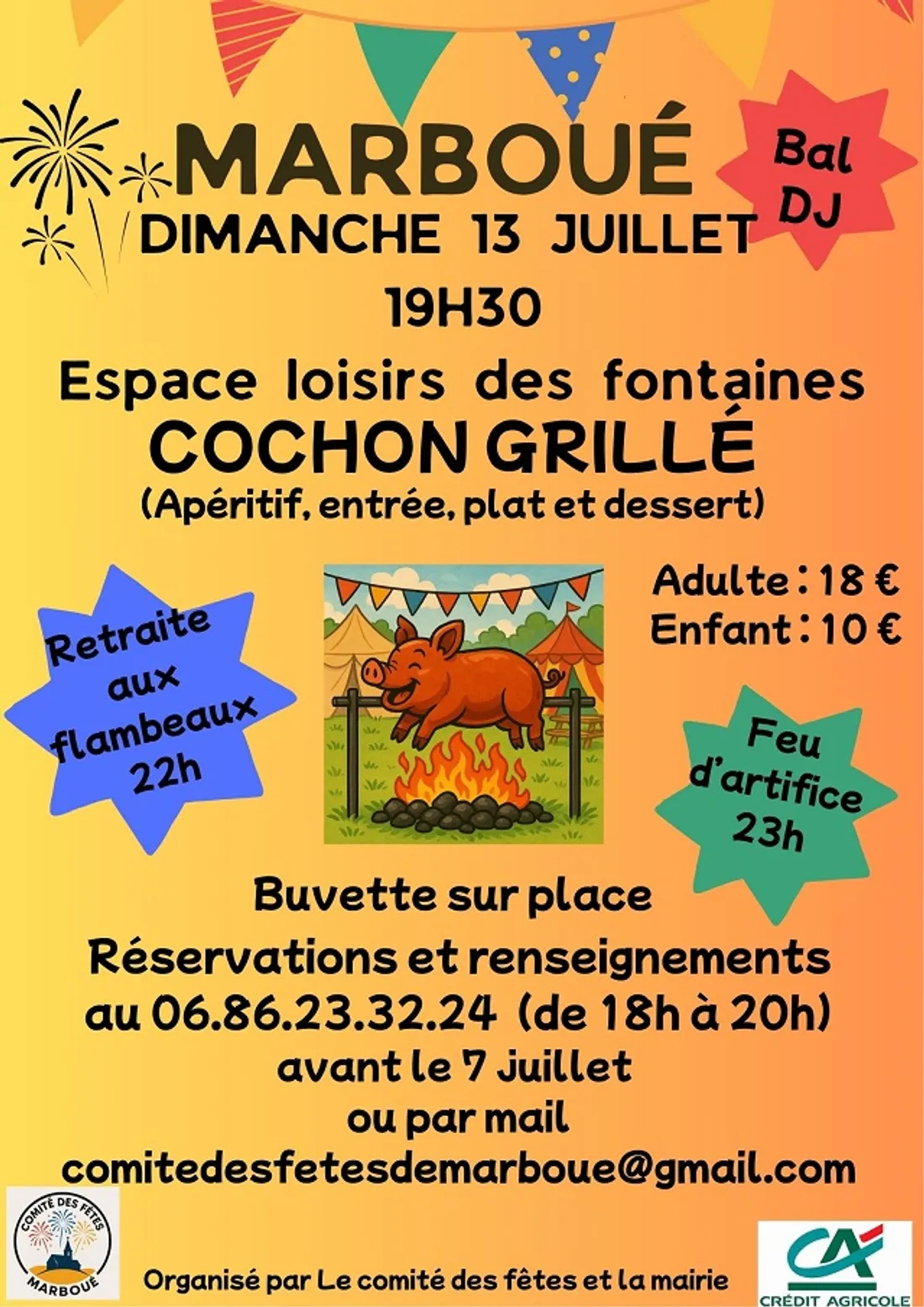 MARBOUÉ - Fête Nationale : Cochon grillé, retraite aux flambeaux bal et Feu d'artifice