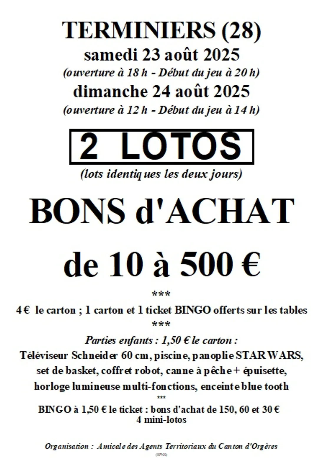 TERMINIERS - Loto de l'Amicale des Agents Territoriaux
