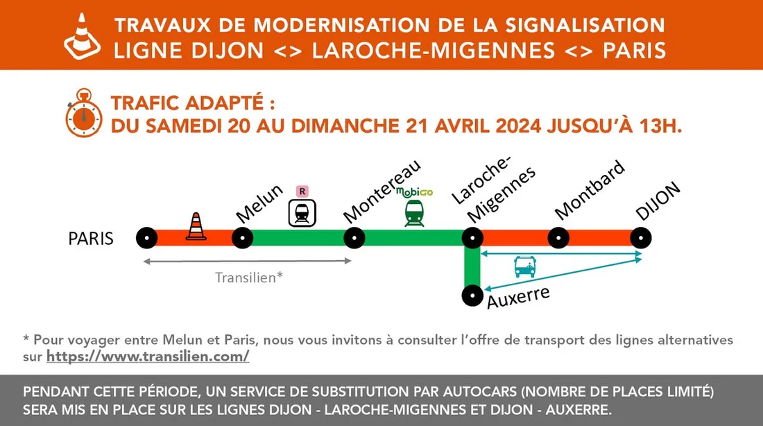 Samedi et dimanche, jusqu'à 13h, le trafic des trains sera adapté entre Dijon et Paris.