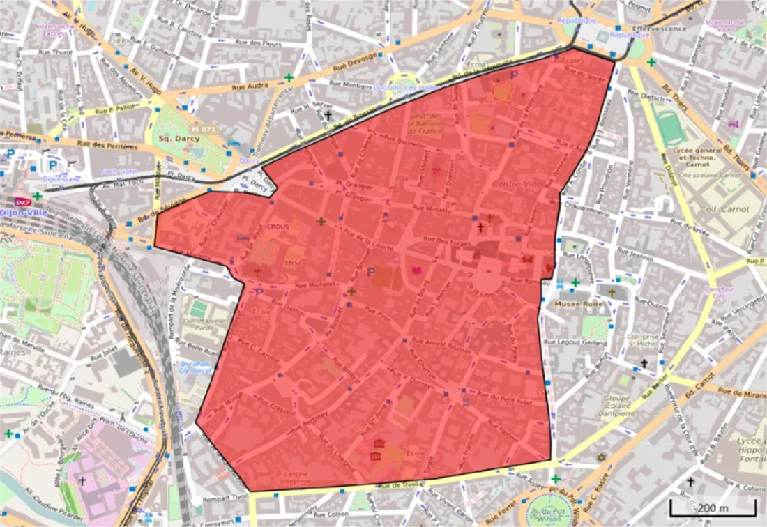 La zone en rouge a été interdite à la manifestation par la préfecture ce samedi 1er juin.