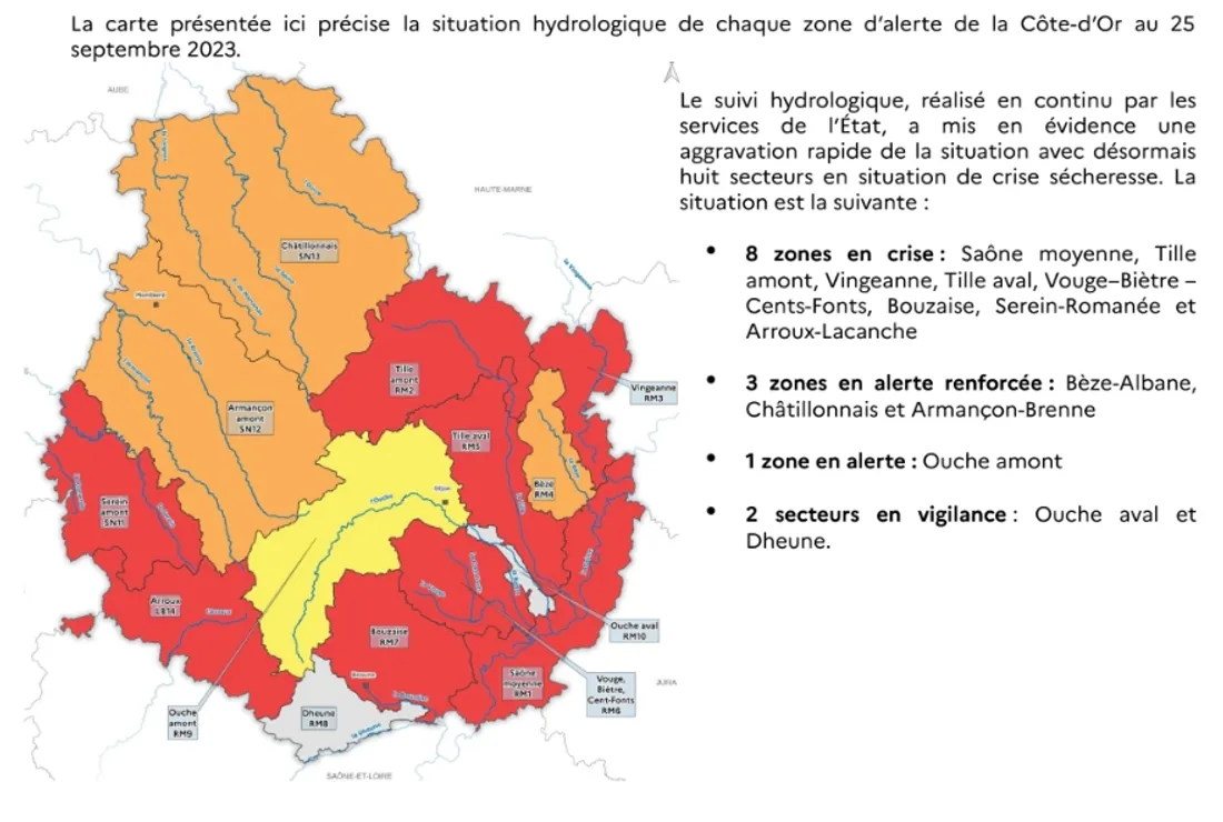 Situation hydrologique de chaque zone d'alerte de Côte-d'Or au 25 septembre 2023.