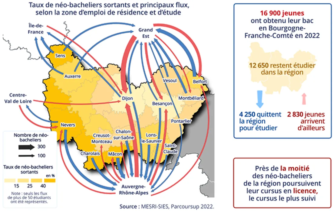 Taux de néo-bacheliers sortants et principaux flux, selon la zone d'emploi de résidence et d'étude