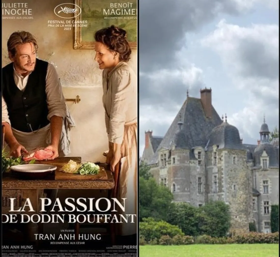 L'affiche du film "La passion de Dodin Bouffant" et le château de Raguin, lieu de tournage.