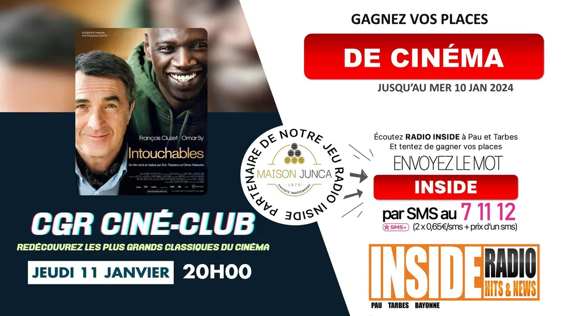 "Intouchables au CGR Lescar le jeudi 11 janvier à 20h00 à l'occasion du Ciné-club.