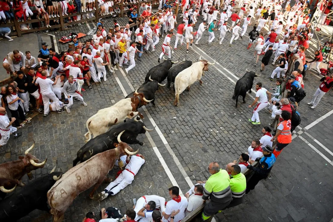 Le lâcher de taureaux de San Firmin à Pampelune, le 7 juillet 2022.