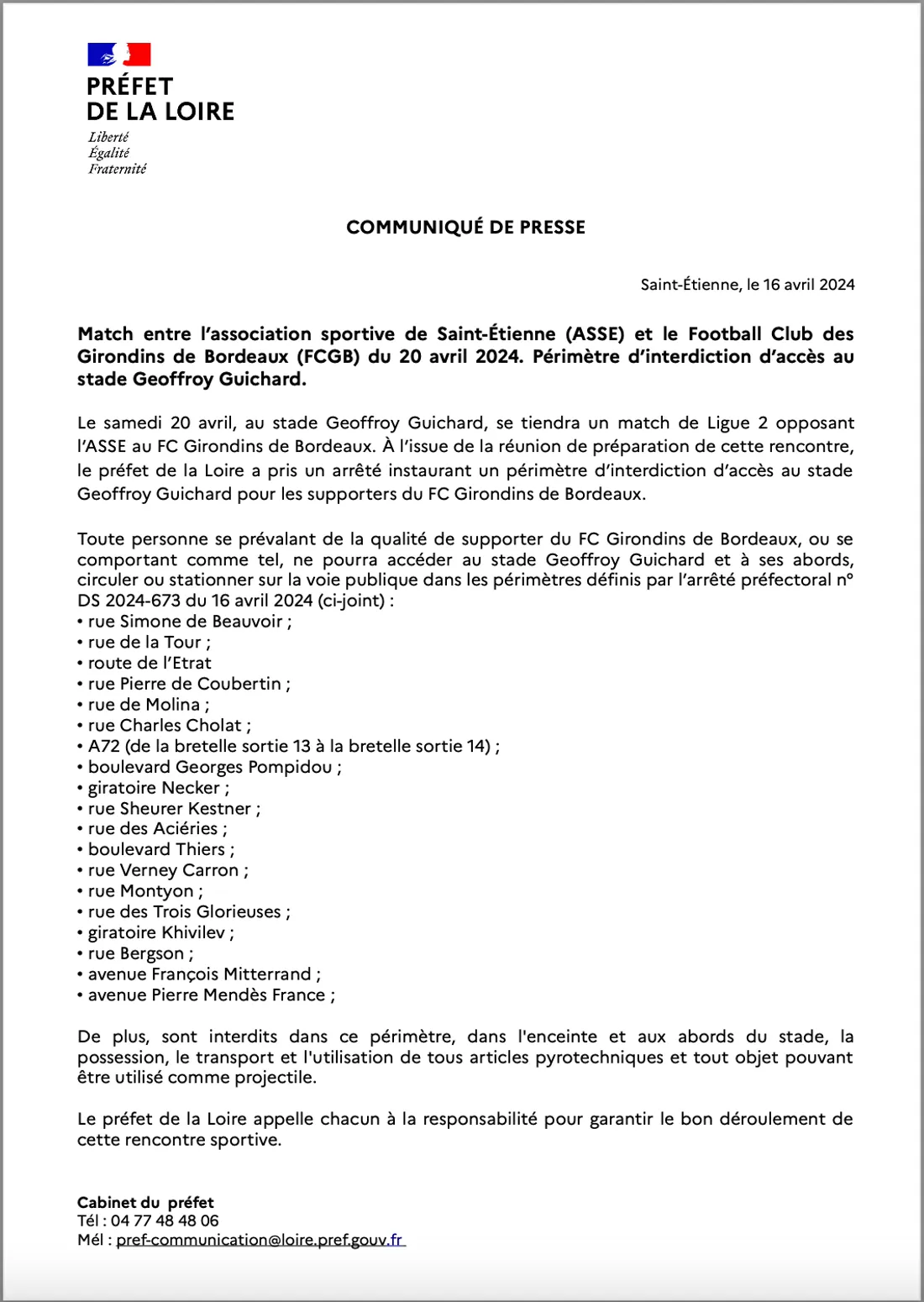 L'arrêté préfectoral interdisant le déplacement des Girondins