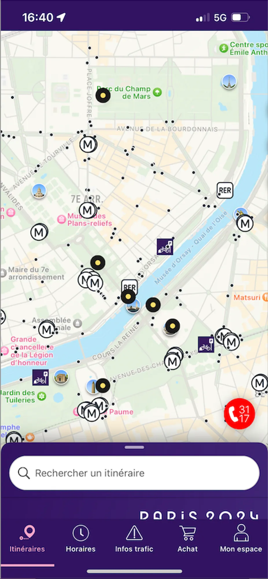Capture d'écran de l'application "Transport public Paris 2024" 