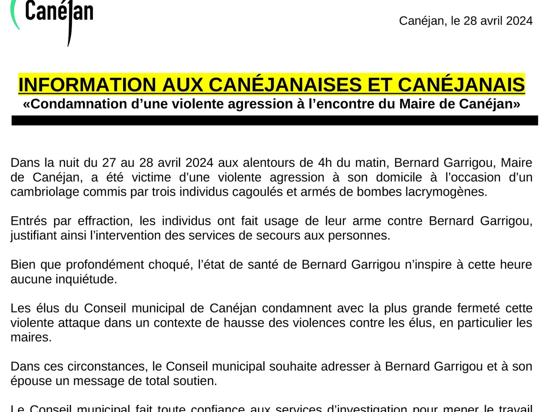 La ville de Canéjan a publié un communiqué 