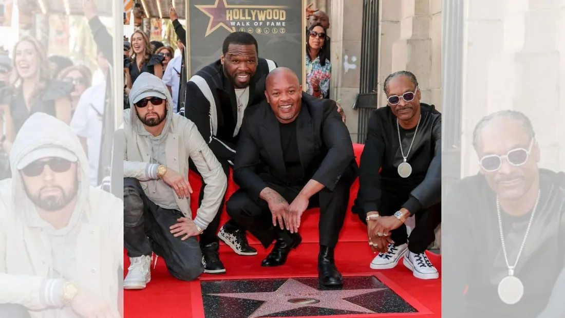 Dr.Dre en compagnie de Snoop Dogg, Eminem et 50cent pour recevoir son étoile au Hall of Fame