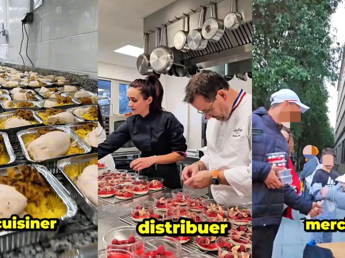 Passages de la vidéo montrant la préparation et la distribution des 180 repas dans Paris