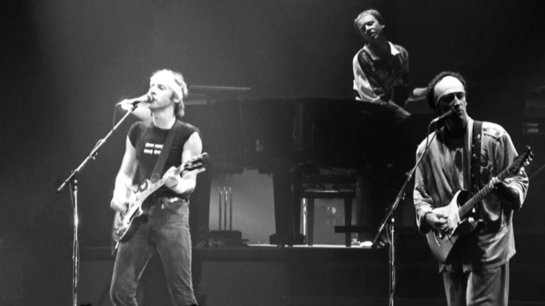 Mark Knopfler, Alan Clark et Jack Sonni en concert avec Dire Straits à Belgrade en 1985.