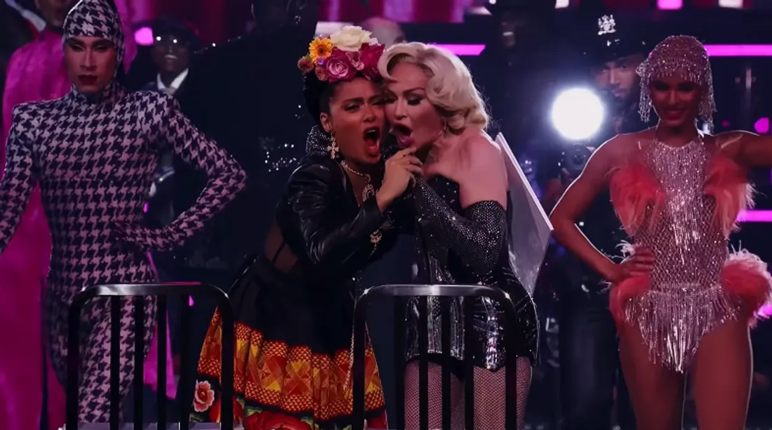 Salma Hayek looks like Frida Halo is on stage with Madonna coming to Mexico.