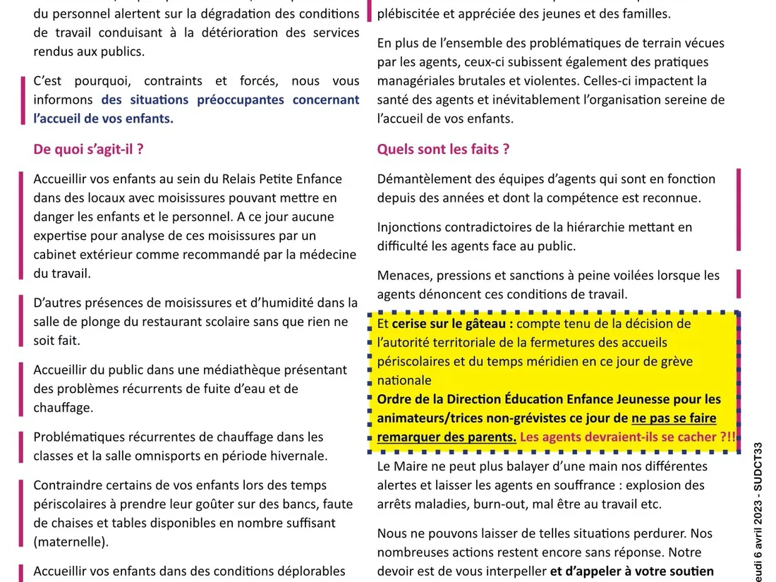Le tract distribué par SUD CT 33