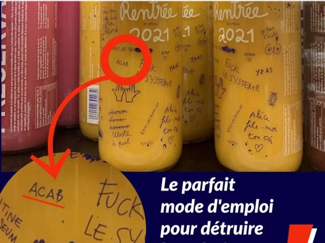 Inscription anti-police sur des bouteilles de smoothie: Monoprix