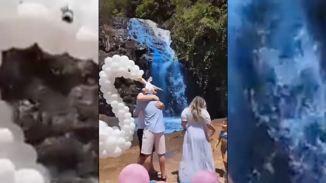 Ce couple a teint l'eau de la cascade pour révéler le sexe de leur bébé...