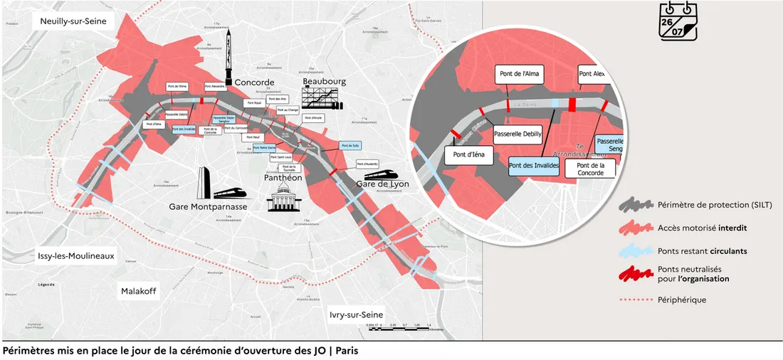 Périmètre de sécurité le 26 juillet, date de la cérémonie d'ouverture sur la Seine