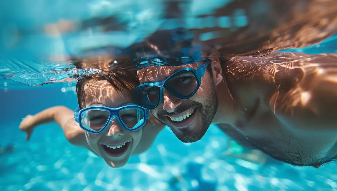 Un père et son fils pratiquent la natation.