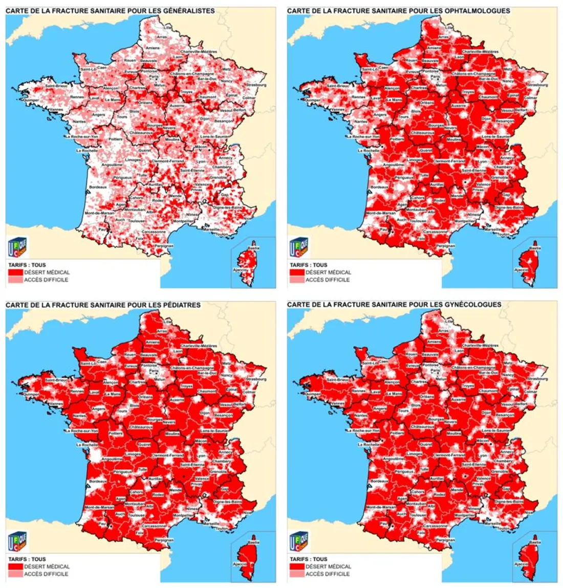carte soulignant l’état de l’accès géographique et financier aux soins en France