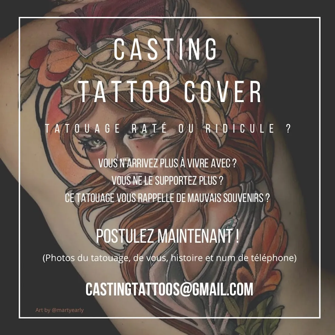 Affiche de la recherche candidats pour l'émission Tatoo Cover