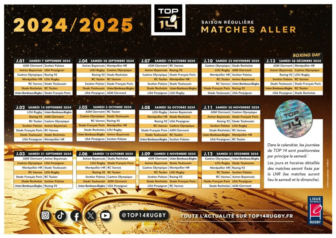 Calendrier Top 14 2024/2025