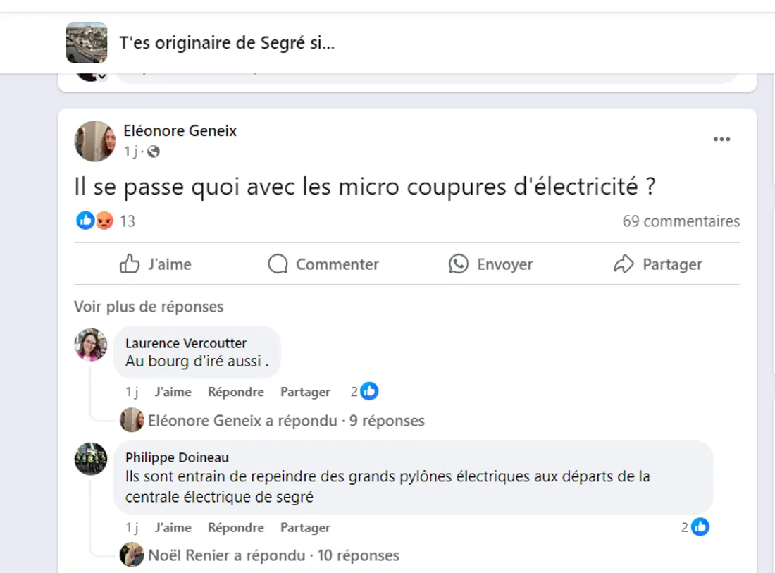 Coupure électricité Segré_18 07 24_Capture d'écran Facebook