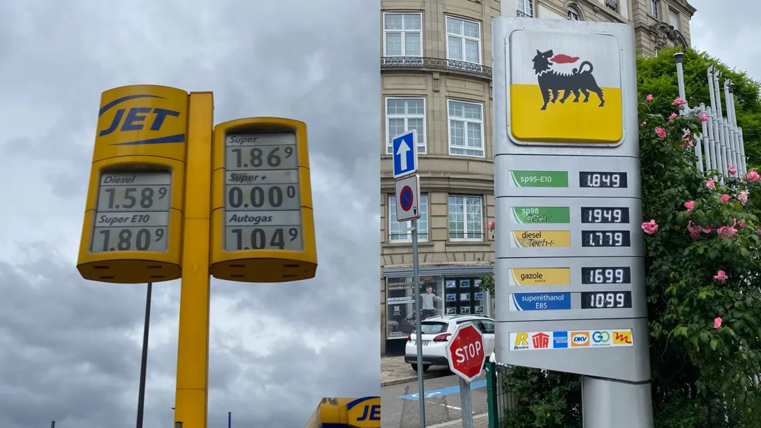 À gauche, les prix de Kehl, à droite, les prix à la pompe à Strasbourg.