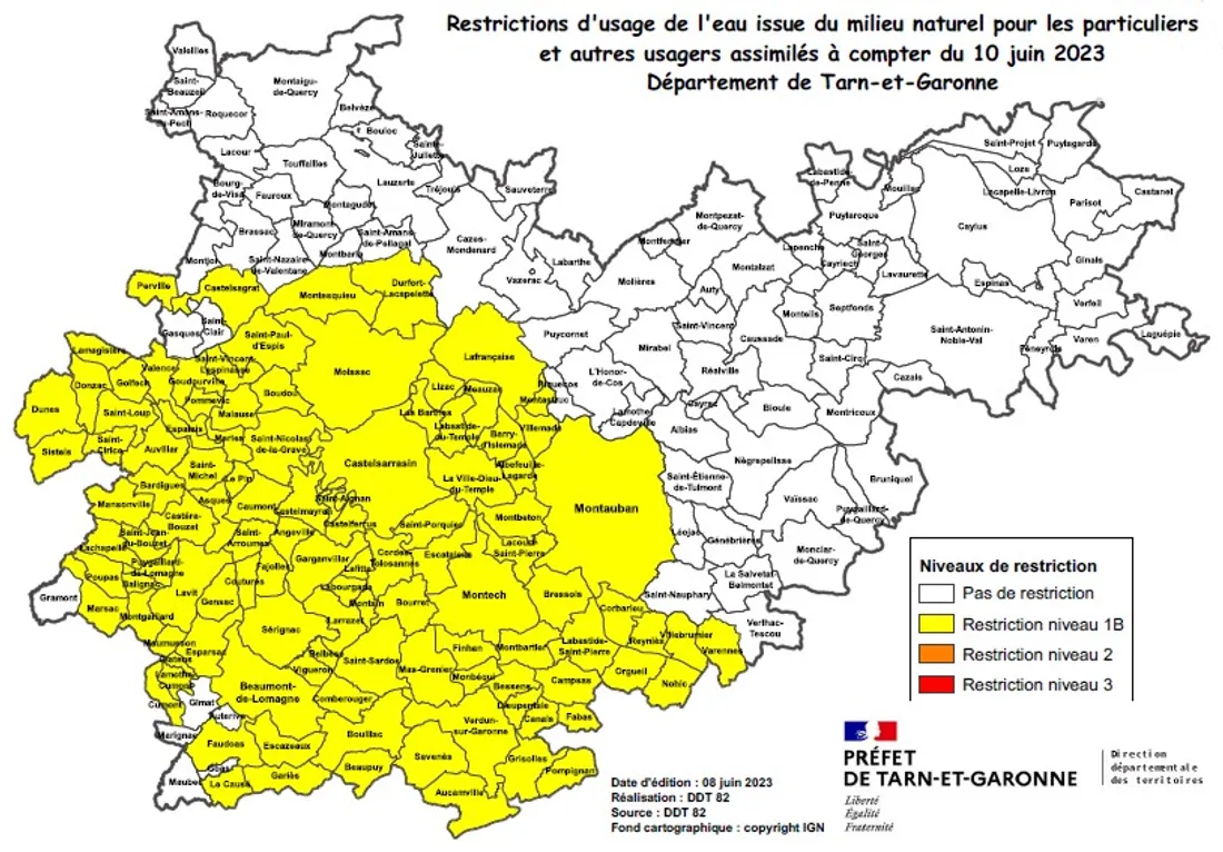 La carte du Tarn-et-Garonne où le remplissage des piscines est désormais interdit.