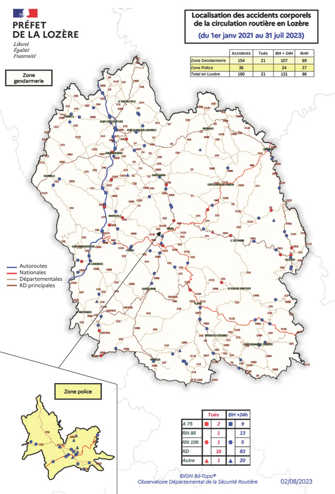 Carte des accidents de la route en Lozère depuis le 1er janvier 2021