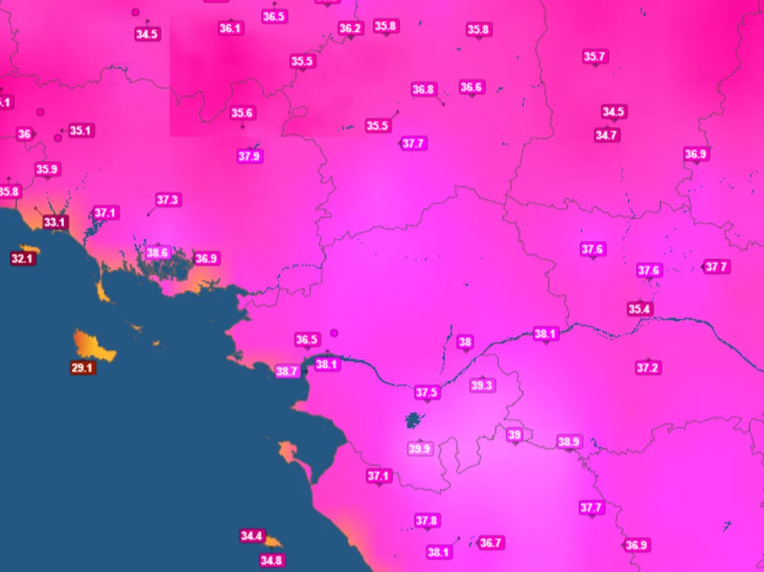 Carte des températures relevées dans la région à 13H30
